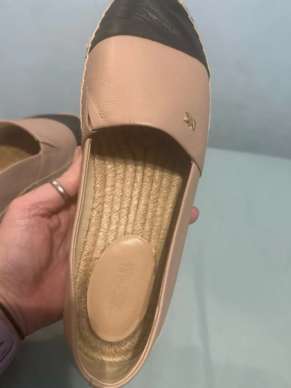 Michael Kors Pink and Black Leather Espadrille Flats with Gold MK Accent